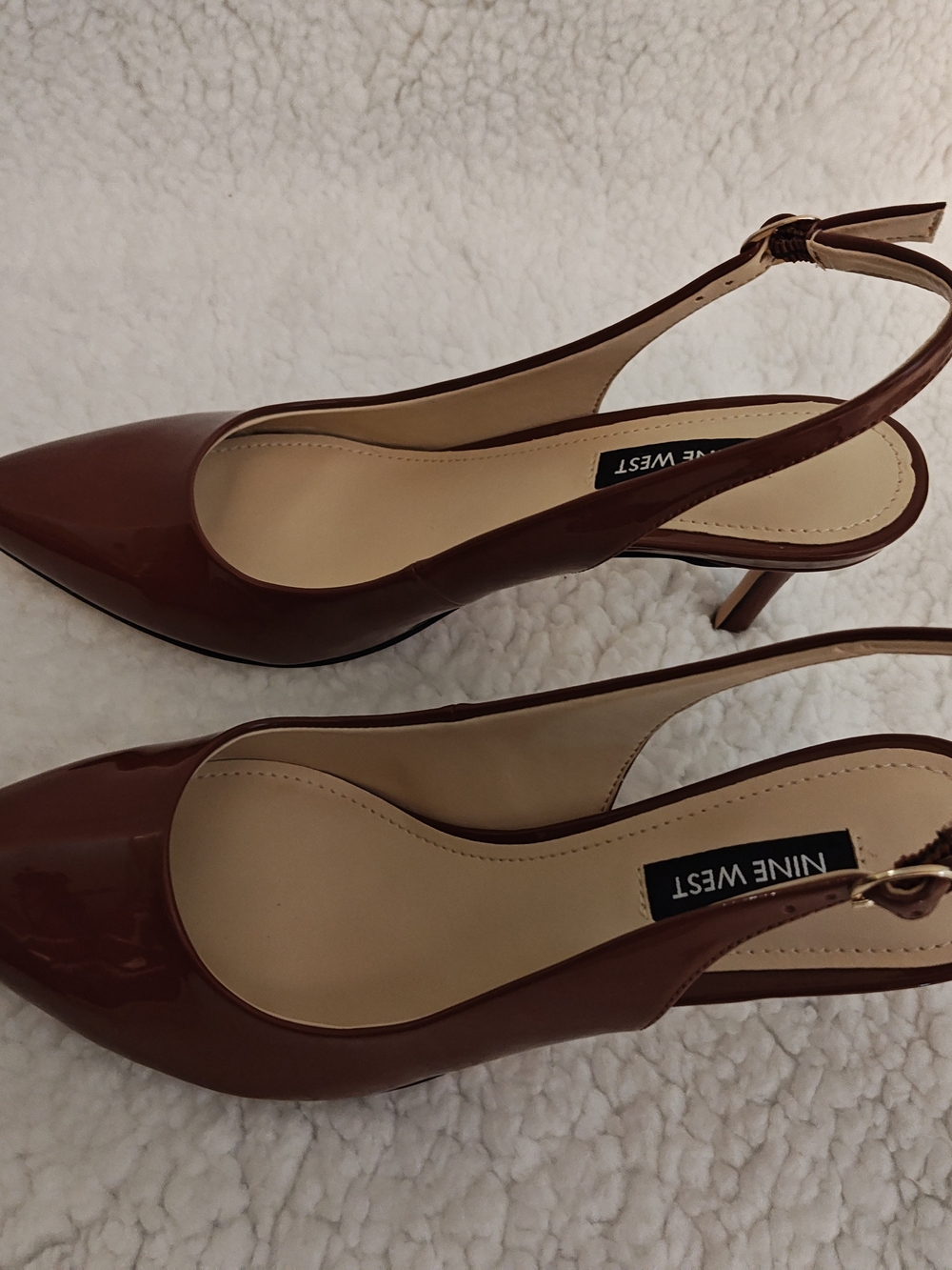 Nine West Menora 3 Brown Patent Pointed Slingback Heels